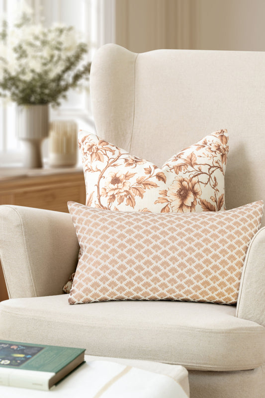 Evora Indoor Outdoor Lumbar Pillow Cover, Ravenala Palm Tree, Ivory Cream Tan, 12"x20"