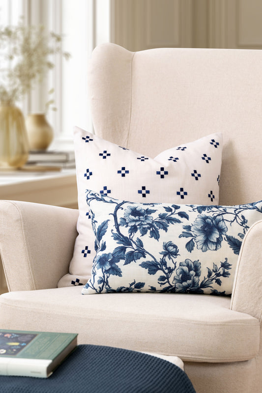 Rowena Indoor Outdoor Throw Pillow Cover, Small Squares, Neutral Navy, 20"x20"