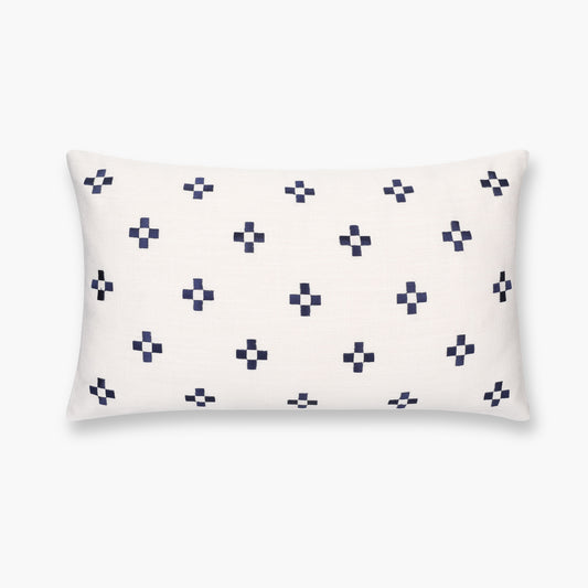 Rowena Indoor Outdoor Lumbar Pillow Cover, Small Squares, Neutral Navy, 12"x20"