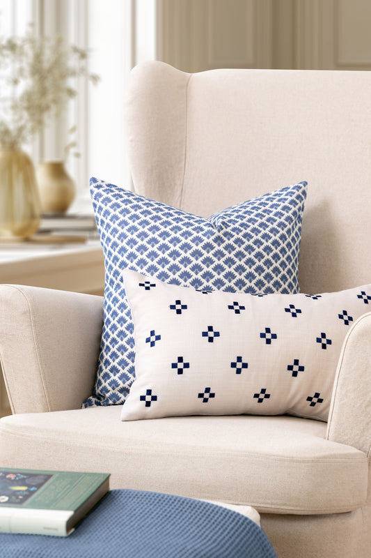 Rowena Indoor Outdoor Lumbar Pillow Cover, Small Squares, Neutral Navy, 12"x20"