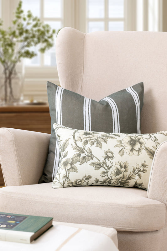 Elowen Indoor Outdoor Throw Pillow Cover, Stripes, Oliver Green White, 20"x20"