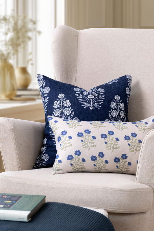 Calista Indoor Outdoor Throw Pillow Cover, Floral, Dark Navy, 20"x20"