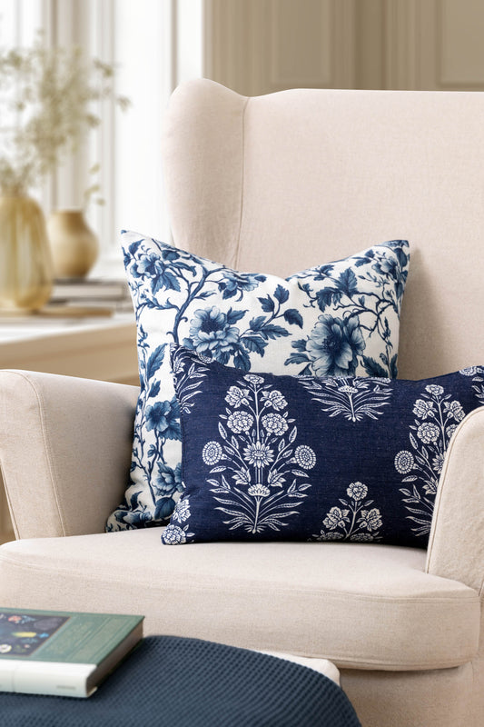 Calista Indoor Outdoor Lumbar Pillow Cover, Floral, Dark Navy, 12"x20"