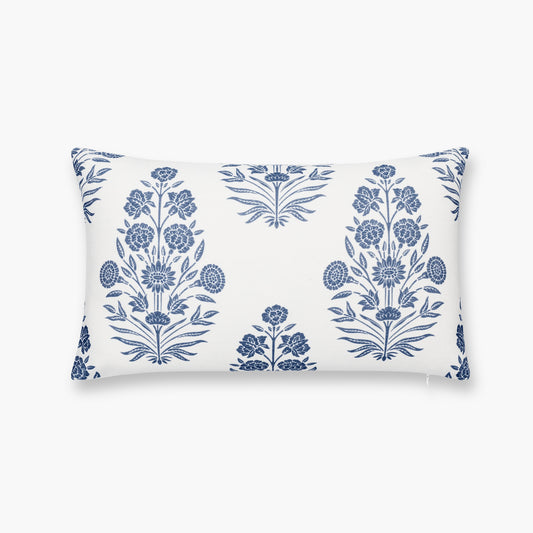 Calista Indoor Outdoor Lumbar Pillow Cover, Floral, Azure Blue, 12"x20"