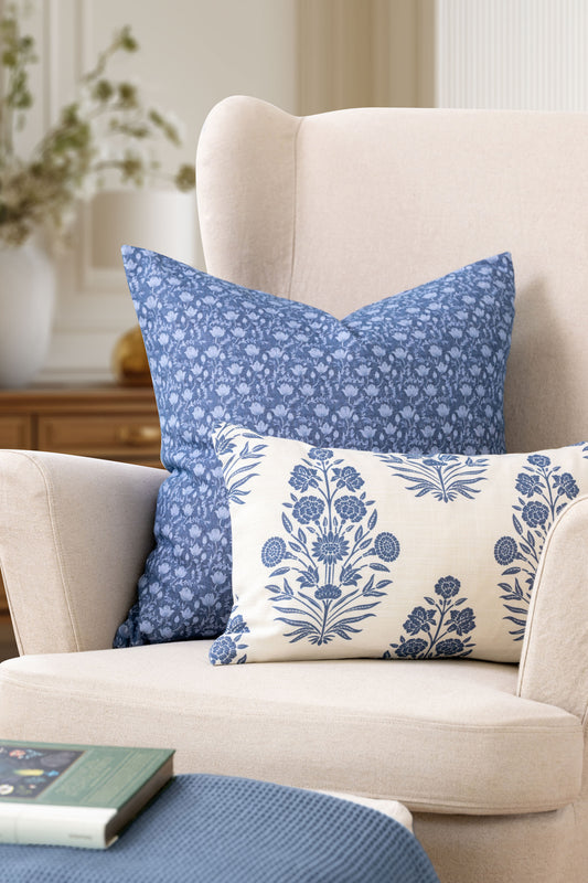 Calista Indoor Outdoor Lumbar Pillow Cover, Floral, Azure Blue, 12"x20"