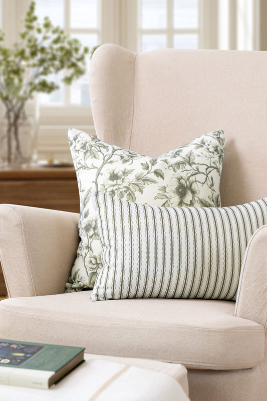 Jouel Indoor Outdoor Throw Pillow Cover, Vintage Chinoiserie Floral, Oliver Green, 20"x20"