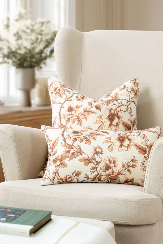 Jouel Indoor Outdoor Throw Pillow Cover, Vintage Chinoiserie Floral, Cocoa Brown, 20"x20"