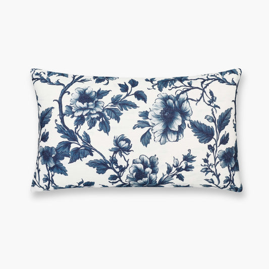 Jouel Indoor Outdoor Lumbar Pillow Cover, Vintage Chinoiserie Floral, Dark Navy, 12"x20"