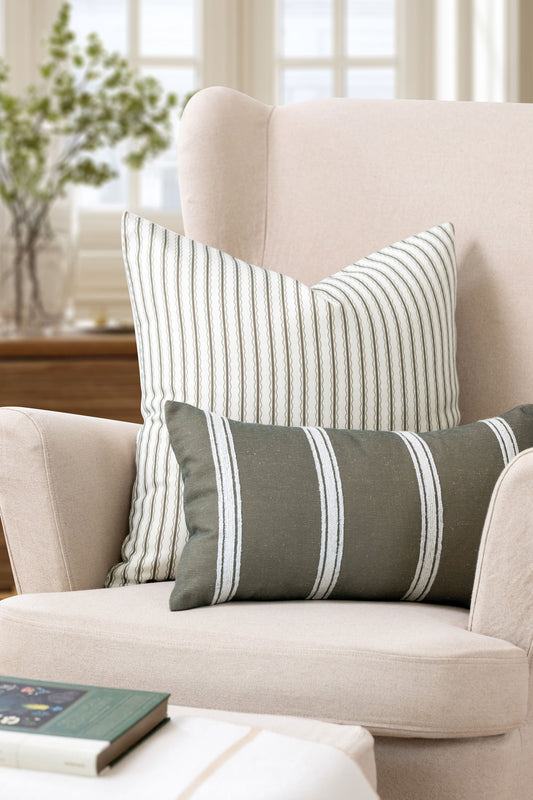 Liora Indoor Outdoor Throw Pillow Cover, Wave Stripes, Oliver Green, 22"x22"
