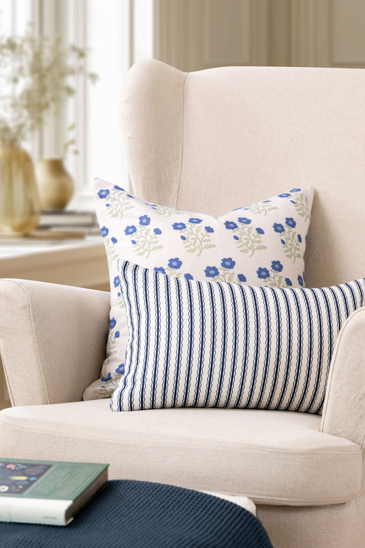 Liora Indoor Outdoor Lumbar Pillow Cover, Wave Stripes, Dark Navy, 12"x20"