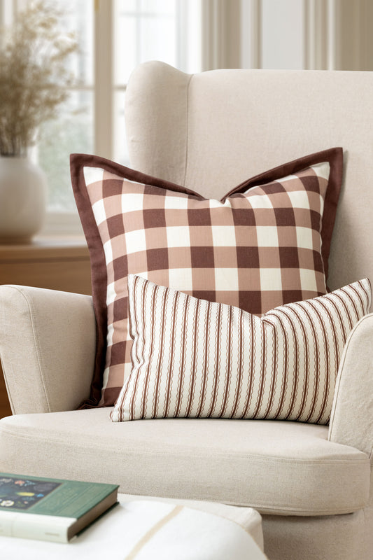 Sophie Indoor Outdoor Throw Pillow Cover, Gingham, Cocoa Brown, 22"x22"