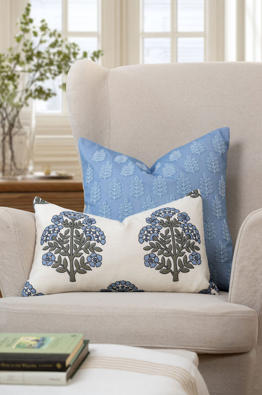Marigny Indoor Outdoor Throw Pillow Cover, Leaves, Light Blue, 20"x20"