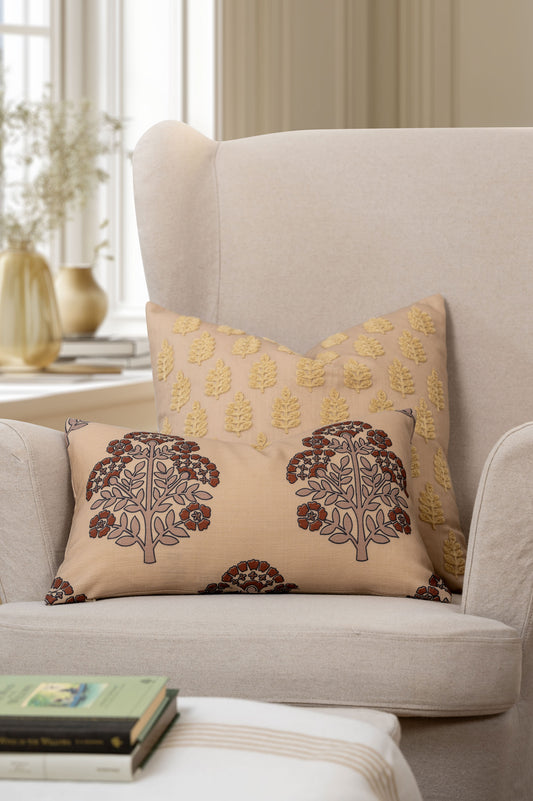 Marigny Indoor Outdoor Throw Pillow Cover, Leaves, Earth Tone Ivory Cream Tan, 20"x20"