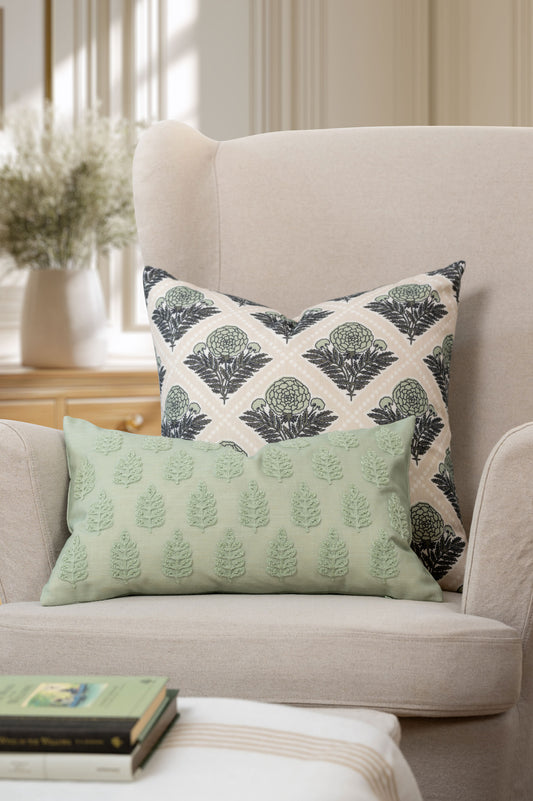 Marigny Indoor Outdoor Lumbar Pillow Cover, Leaves, Light Green, 12"x20"