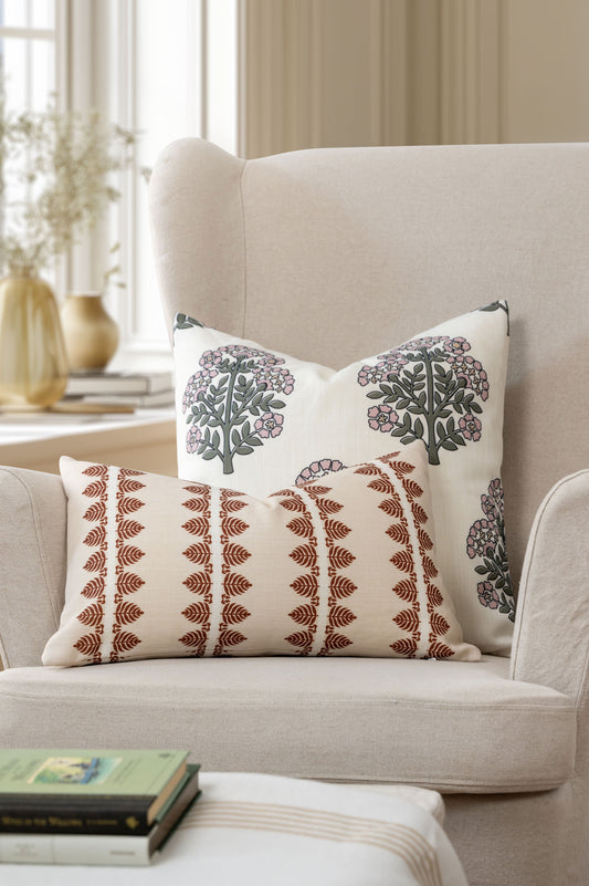 Avalora Indoor Outdoor Throw Pillow Cover, Block Print Hydrangea Flowers, Green Dark Rose, 20"x20"
