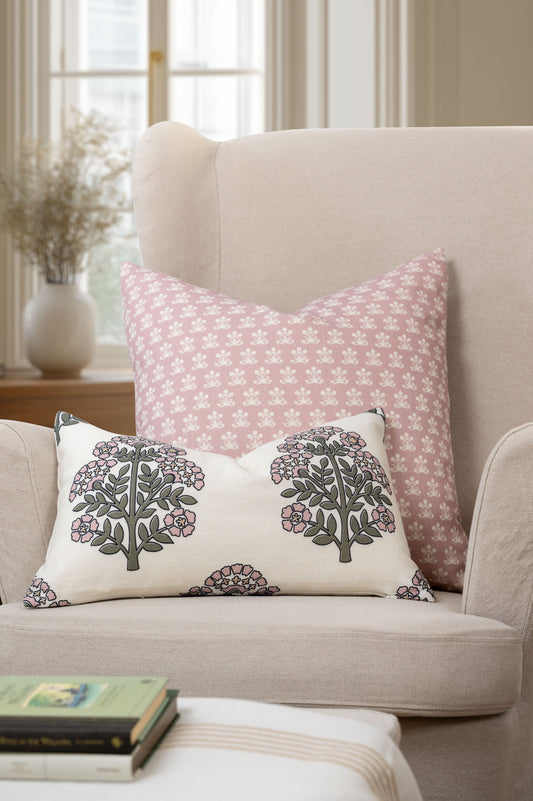 Avalora Indoor Outdoor Lumbar Pillow Cover, Block Print Hydrangea Flowers, Green Dark Rose, 12"x20"