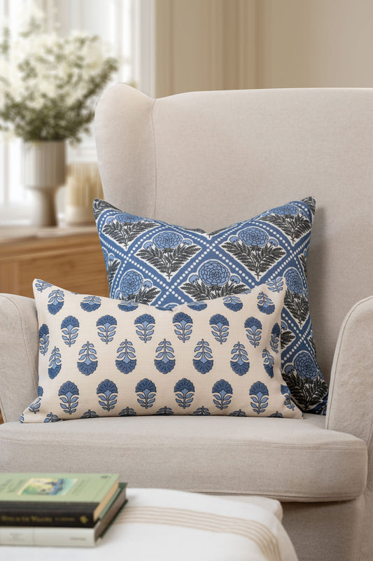 Chartelle Indoor Outdoor Throw Pillow Cover, Block Print Vintage Hydrangea Flowers, Azure Light Blue, 20"x20"