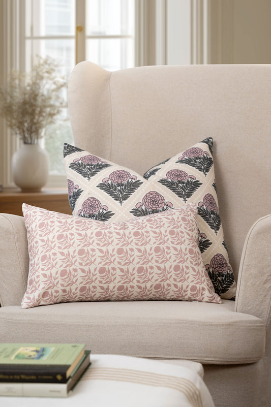 Chartelle Indoor Outdoor Throw Pillow Cover, Block Print Vintage Hydrangea Flowers, Earth Tone Dark Rose Tan, 20"x20"