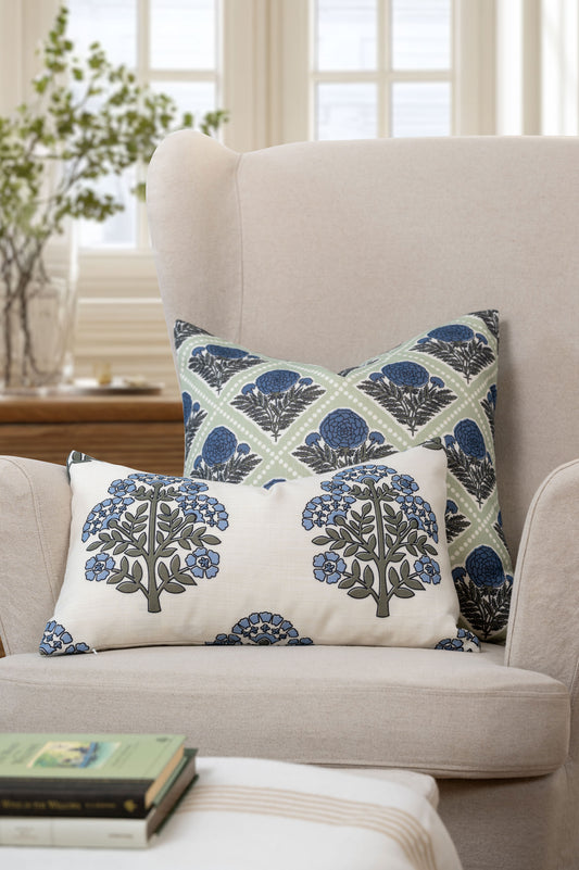 Chartelle Indoor Outdoor Throw Pillow Cover, Block Print Vintage Hydrangea Flowers, Azure Light Green, 20"x20"