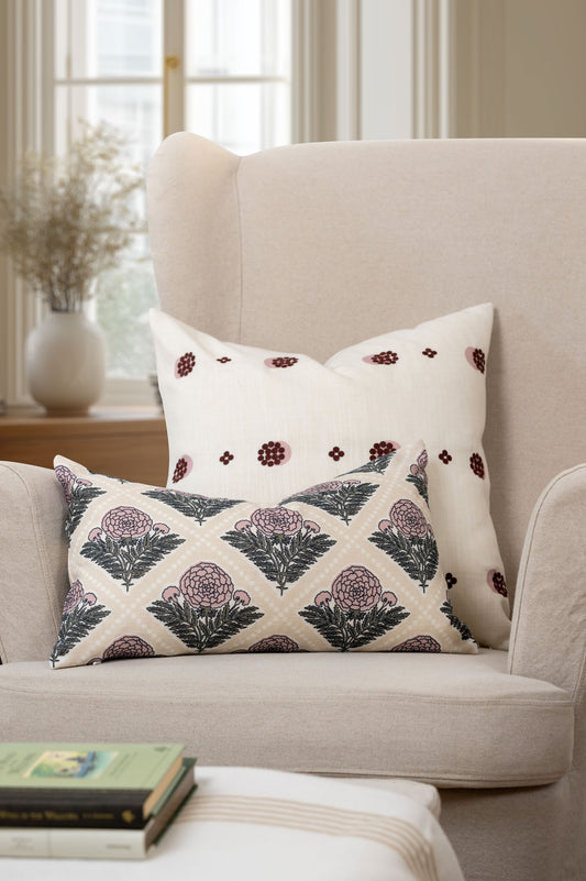 Chartelle Indoor Outdoor Lumbar Pillow Cover, Block Print Vintage Hydrangea Flowers, Earth Tone Dark Rose Tan, 12"x20"