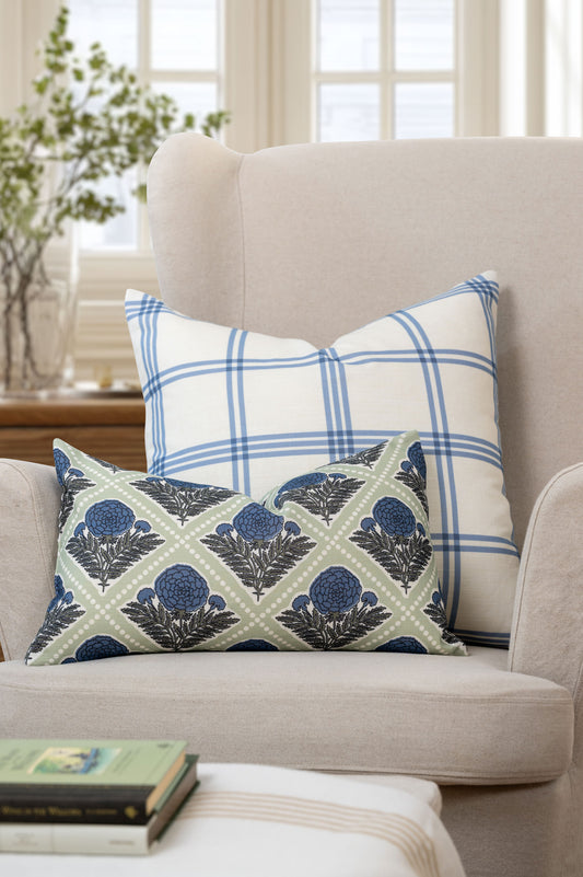 Chartelle Indoor Outdoor Lumbar Pillow Cover, Block Print Vintage Hydrangea Flowers, Azure Light Green, 12"x20"