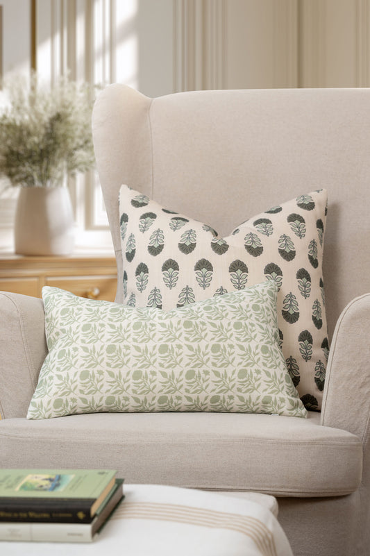 Monterra Indoor Outdoor Throw Pillow Cover, Block Print Flowers, Earth Tone Olive Green Neutral, 20"x20"