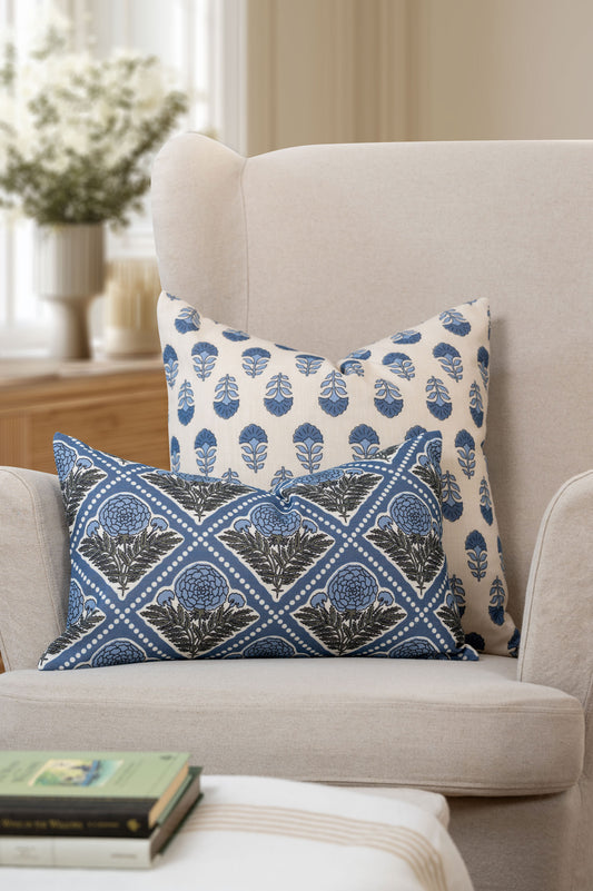 Monterra Indoor Outdoor Throw Pillow Cover, Block Print Flowers, Earth Tone Azure Blue Neutral, 20"x20"