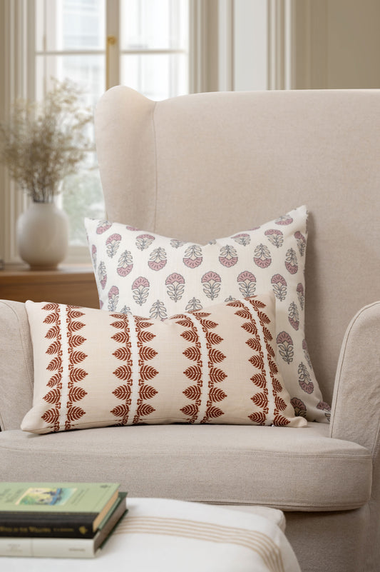 Monterra Indoor Outdoor Throw Pillow Cover, Block Print Flowers, Earth Tone Dark Rose Ivory Cream, 20"x20"