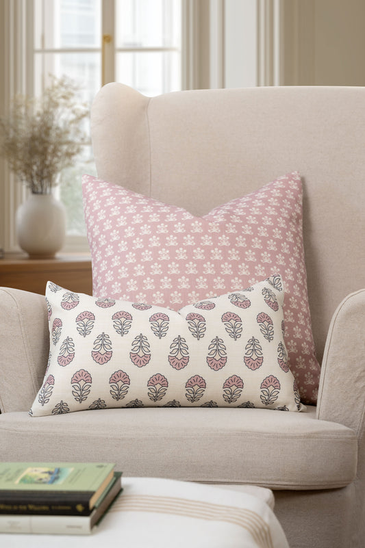 Monterra Indoor Outdoor Lumbar Pillow Cover, Block Print Flowers, Earth Tone Dark Rose Ivory Cream, 12"x20"