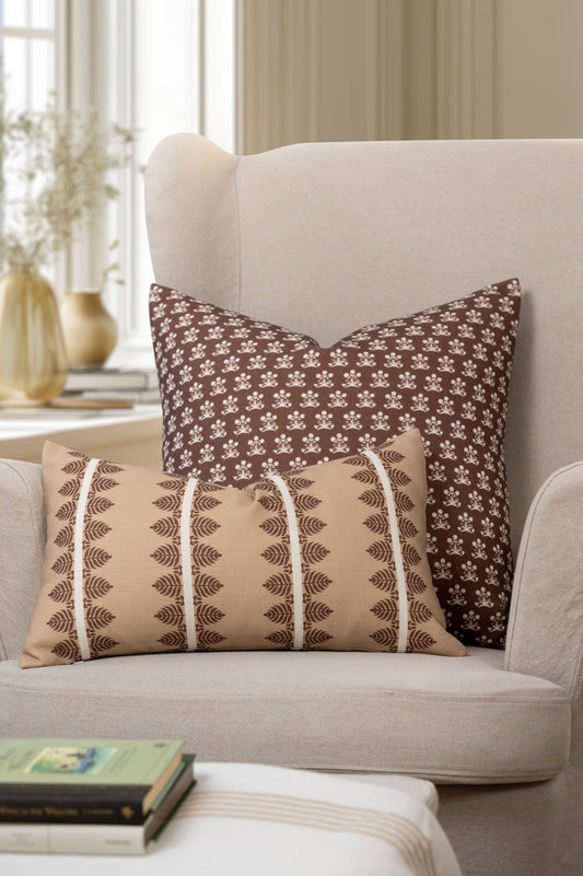 Florham Indoor Outdoor Throw Pillow Cover, Block Print Floral, Earth Tone Cocoa Brown, 22"x22"