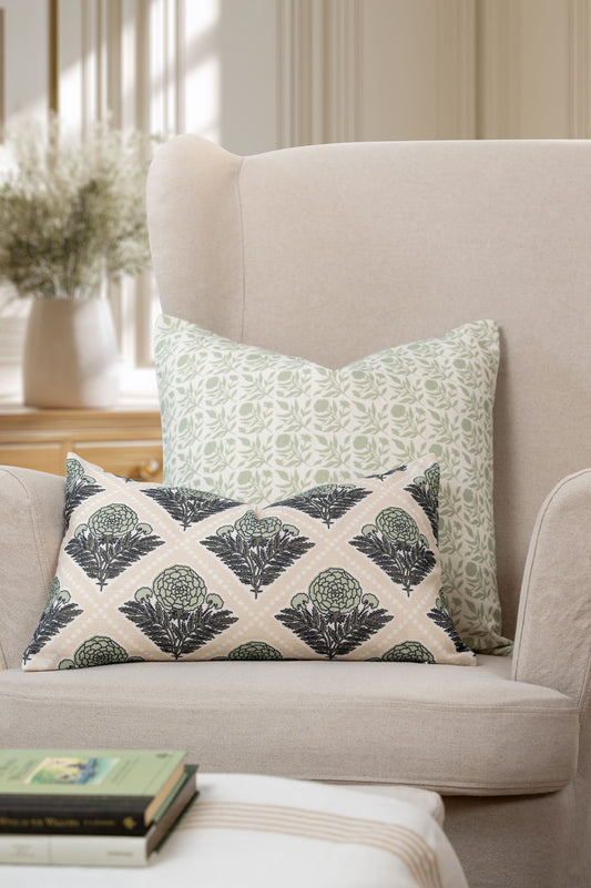 Roselith Indoor Outdoor Throw Pillow Cover, Floral and Leaves Geometric, Light Green, 20"x20"