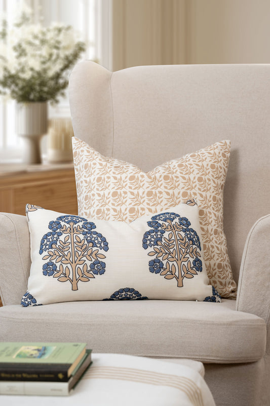 Roselith Indoor Outdoor Throw Pillow Cover, Floral and Leaves Geometric, Earth Tone Ivory Cream Tan, 20"x20"