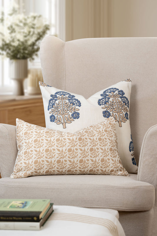 Roselith Indoor Outdoor Lumbar Pillow Cover, Floral and Leaves Geometric, Earth Tone Ivory Cream Tan, 12"x20"