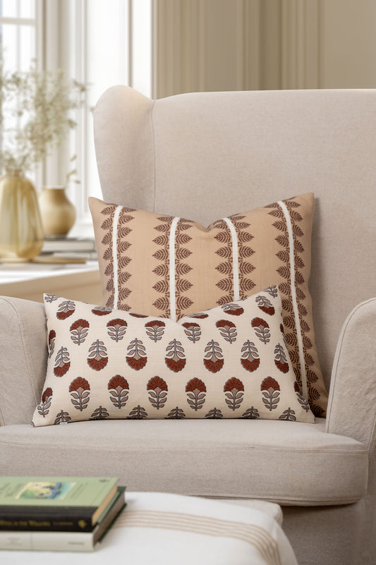 Vernaye Indoor Outdoor Throw Pillow Cover, Leaves Stripes, Earth Tone Cocoa Brown Tan, 20"x20"