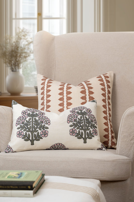 Vernaye Indoor Outdoor Throw Pillow Cover, Leaves Stripes, Earth Tone Rust Orange Neutral, 20"x20"