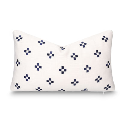 Rowena Indoor Outdoor Lumbar Pillow Cover, Small Squares, Neutral Navy, 12"x20"
