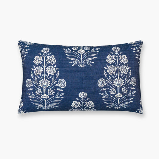 Calista Indoor Outdoor Lumbar Pillow Cover, Floral, Dark Navy, 12"x20"