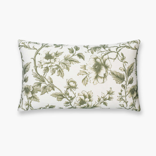 Jouel Indoor Outdoor Lumbar Pillow Cover, Vintage Chinoiserie Floral, Oliver Green, 12"x20"