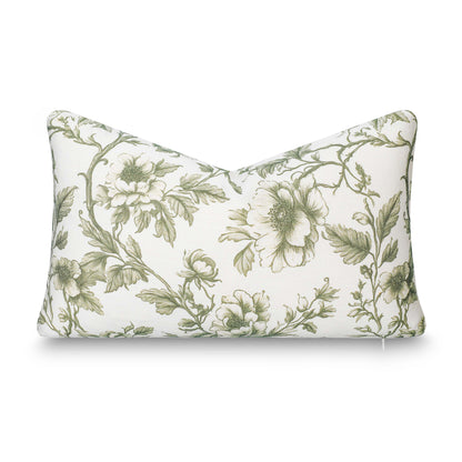 Jouel Indoor Outdoor Lumbar Pillow Cover, Vintage Chinoiserie Floral, Oliver Green, 12"x20"