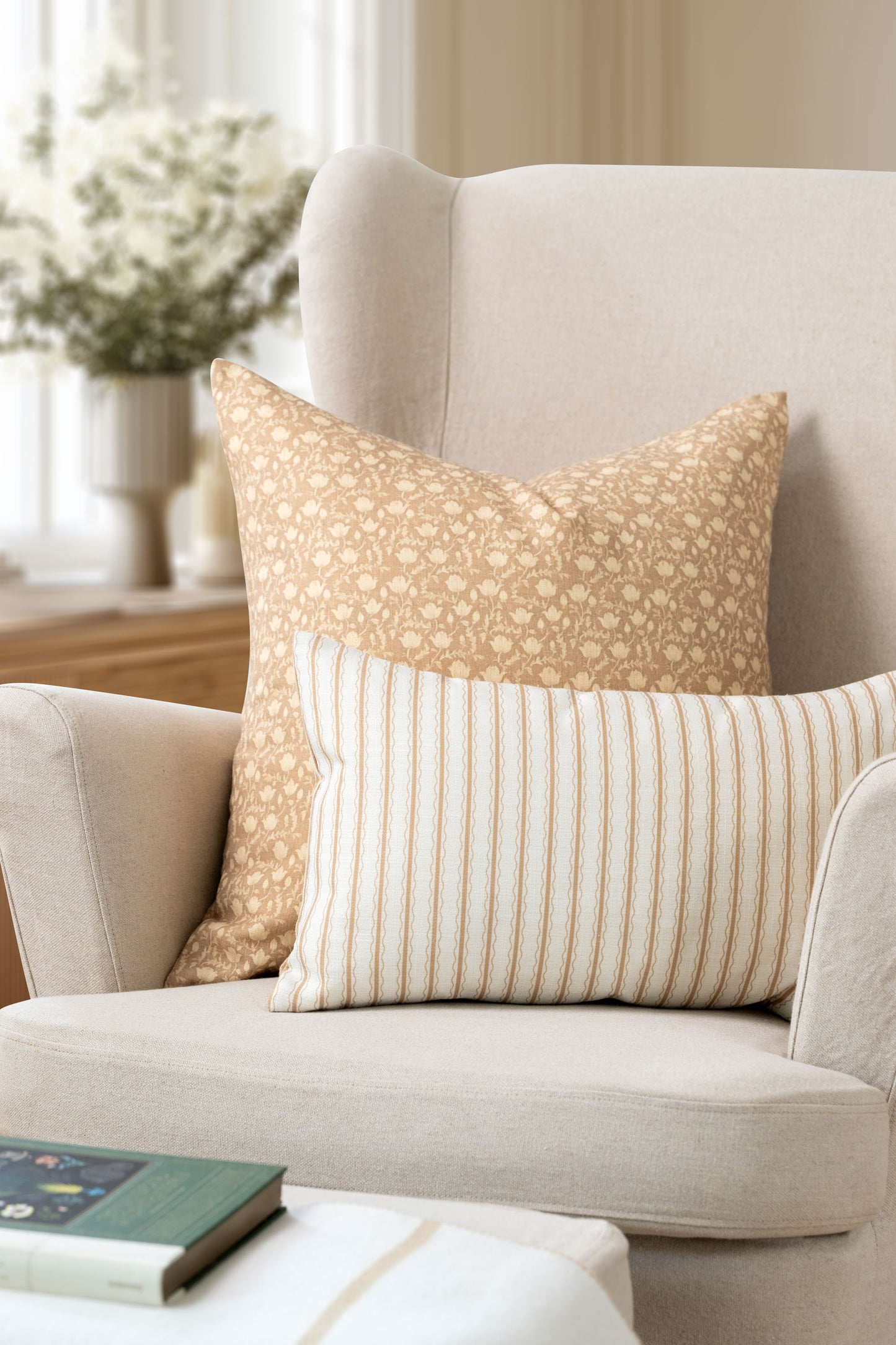 Alessia Indoor Outdoor Throw Pillow Cover, Botanical Flowers and Leaves, Ivory Cream Tan, 22"x22"