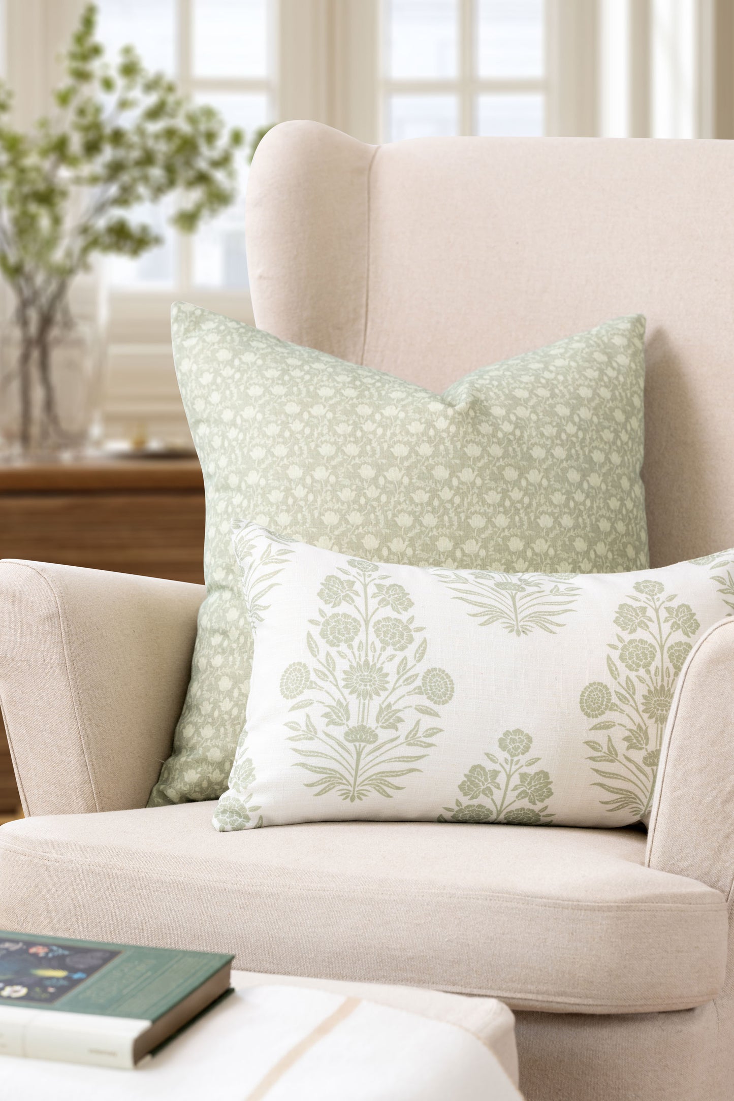 Alessia Indoor Outdoor Throw Pillow Cover, Botanical Flowers and Leaves, Light Green, 22"x22"
