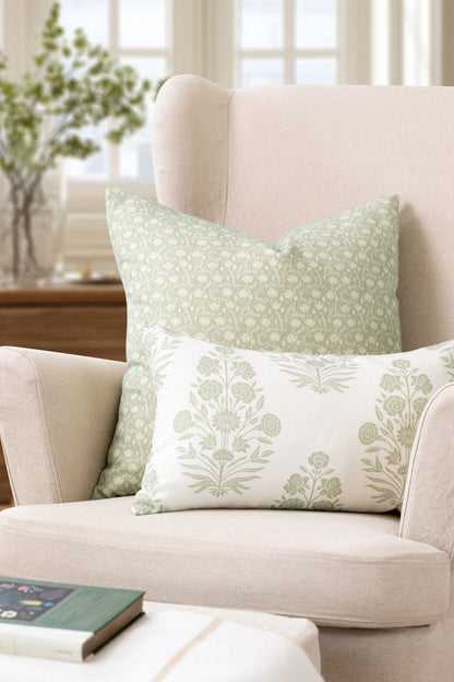 Alessia Indoor Outdoor Throw Pillow Cover, Botanical Flowers and Leaves, Light Green, 22"x22"
