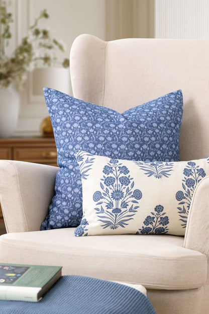 Alessia Indoor Outdoor Throw Pillow Cover, Botanical Flowers and Leaves, Azure Blue, 22"x22"