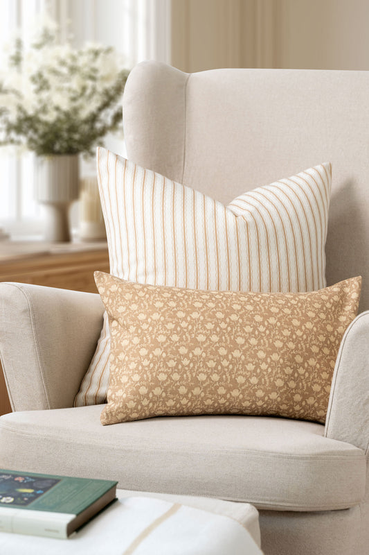 Alessia Indoor Outdoor Lumbar Pillow Cover, Botanical Flowers and Leaves, Ivory Cream Tan, 12"x20"