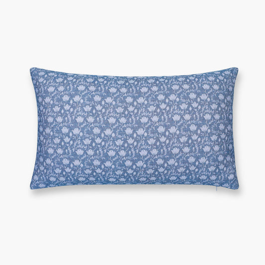 Alessia Indoor Outdoor Lumbar Pillow Cover, Botanical Flowers and Leaves, Azure Blue, 12"x20"