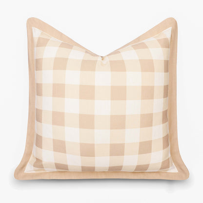 Sophie Indoor Outdoor Throw Pillow Cover, Gingham, Ivory Cream Tan, 22"x22"