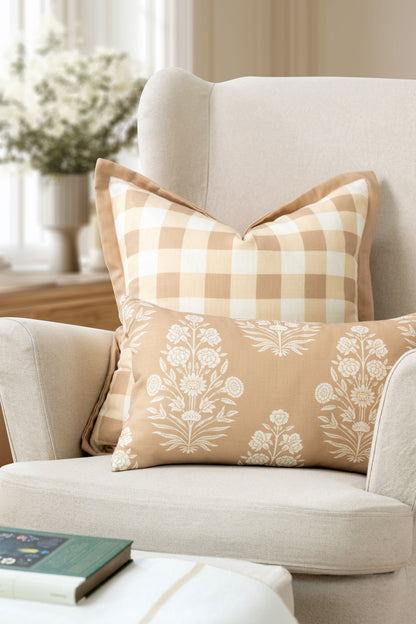Sophie Indoor Outdoor Throw Pillow Cover, Gingham, Ivory Cream Tan, 22"x22"