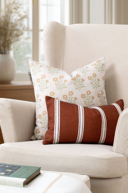 Virel Indoor Outdoor Throw Pillow Cover, Block Painting Flowers, Ivory Cream Tan Green, 20"x20"