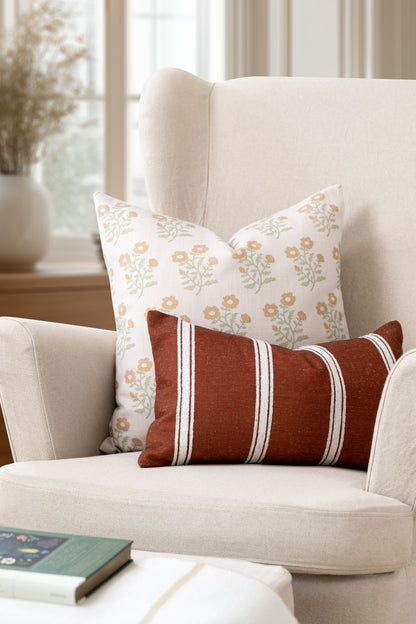 Virel Indoor Outdoor Throw Pillow Cover, Block Painting Flowers, Ivory Cream Tan Green, 20"x20"