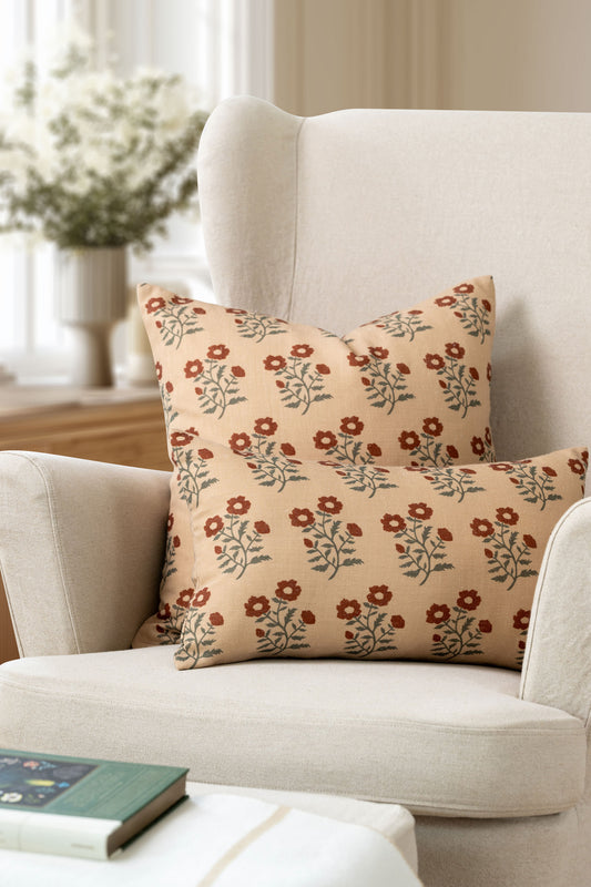 Virel Indoor Outdoor Lumbar Pillow Cover, Block Painting Flowers, Rust Orange Green, 12"x20"